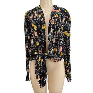 Patrons of Peace Black Floral Long Sleeve Top Draped Tie Kimono M